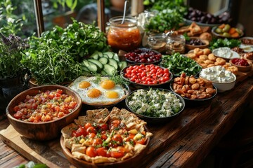 Brunch spread with a variet of dishes pastries. Village Breakfast with pastries, vegetables, greens, spreads, cheeses, fried eggs, jams.