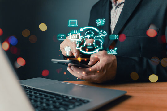 Ai generates creation content concepts. Man's hand use AI icon technology, Marketers education, research, analyze media video streaming online marketing strategies to grow their digital business.