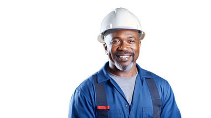 Portrait of smiling African American worker man in helmet on transparent background PNG.

