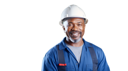 Portrait of smiling African American worker man in helmet on transparent background PNG.

