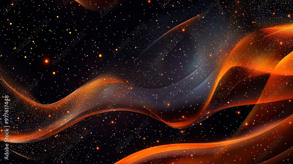 Poster abstract cosmic waves with shimmering colors on a dark background, depicting movement and depth in a