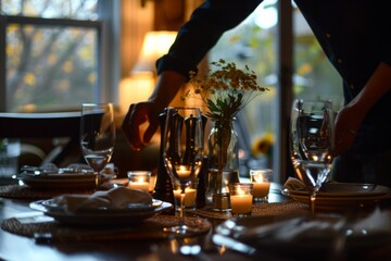 Naklejka premium A person is setting a table with candles and flowers
