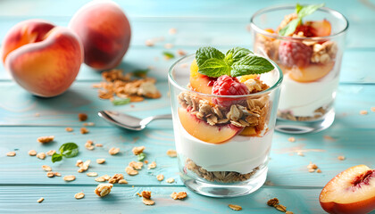 Tasty peach dessert with yogurt and granola on light blue wooden table