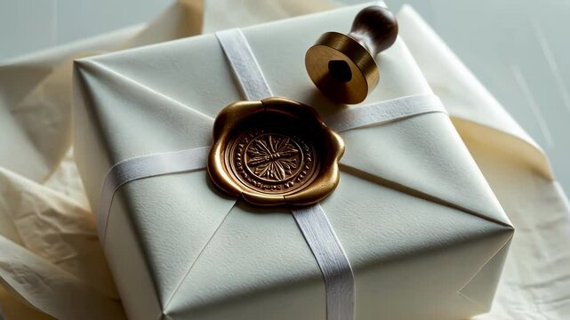 An elegant gift package sealed with wax, showcasing a stylish ribbon  evokes sentiments of celebration and thoughtful gifting