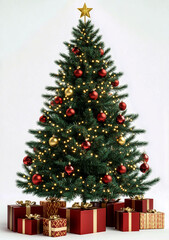 A realistic Christmas tree with presents and red and gold ornaments, isolated on a white background.