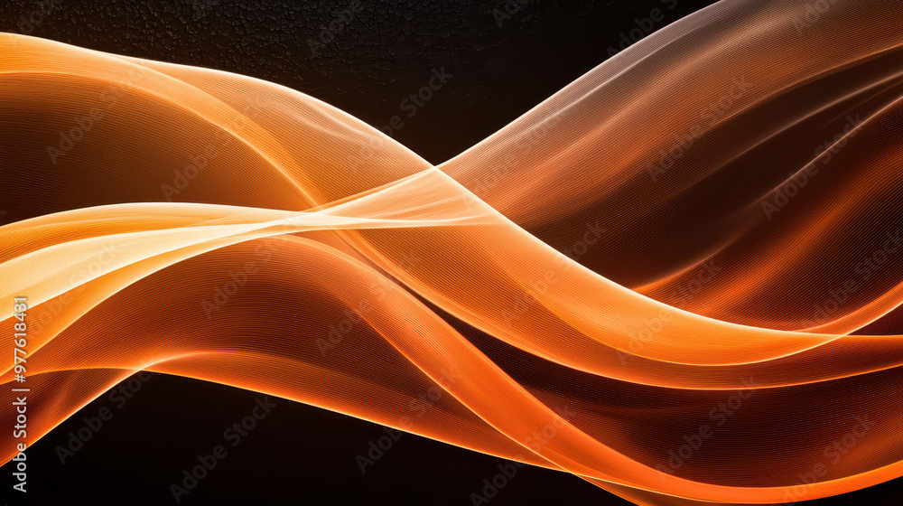 Poster abstract flowing waves of orange light against a dark background, creating a dynamic and energetic v