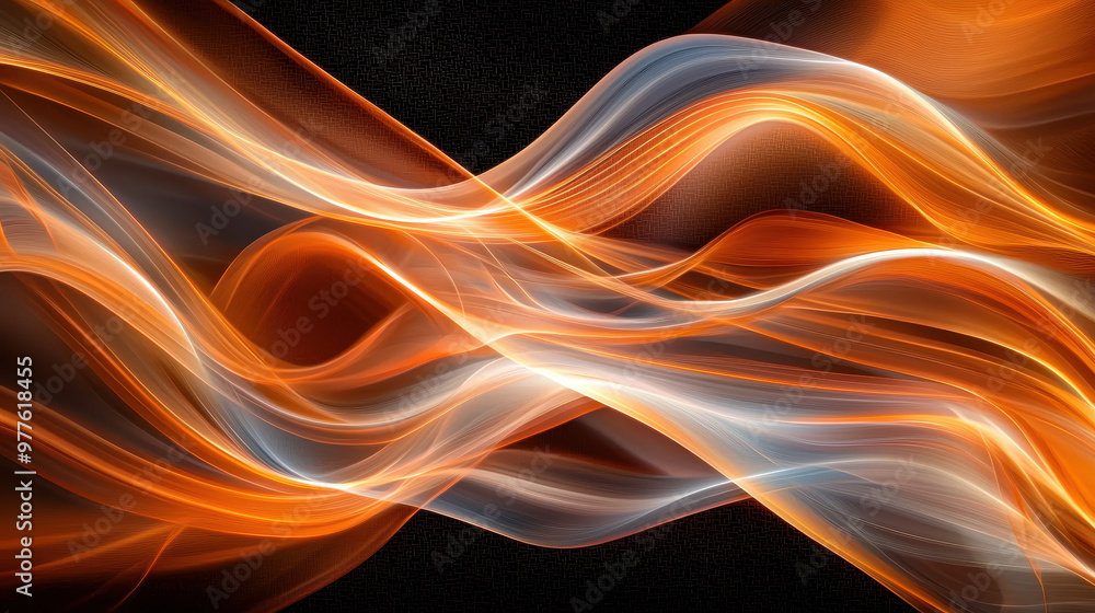Poster abstract flowing wave patterns in orange and white hues on a dark textured background, creating a dy