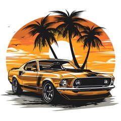 A classic vintage car is parked under tall palm trees with a vibrant sunset in the background, creating a nostalgic and tropical atmosphere. The scene evokes a sense of timeless summer adventure.