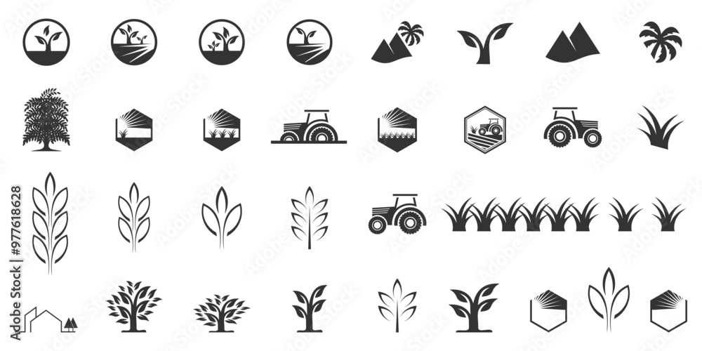 Wall mural vector logo design icon tractor, rice field, grass, sun, agriculture logo design, house, mountain, l