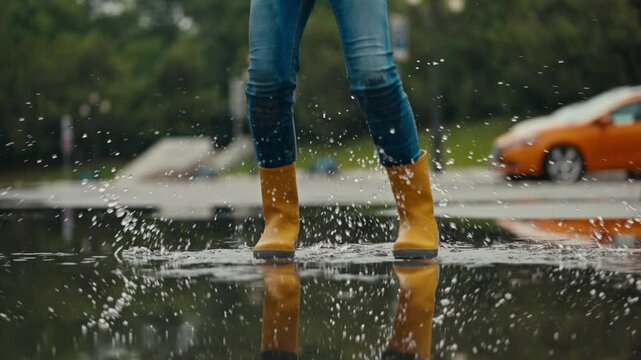 Teenage girl in orange rubber boots energetically jumps on a puddle and splashes water while walking in the park after the rain