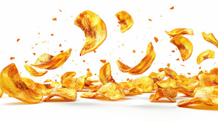 Fototapeta premium Peri Peri Fruit chips, crispy, falling on a plain white background. Hyperrealistic, cinematic and high quality