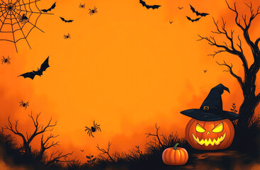 Halloween composition with black spiders, web, bats, pumpkin, witch hat on orange background.