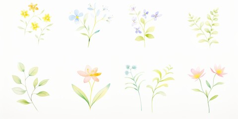 A collection of delicate watercolor flowers and plants showcasing soft pastel shades and natural beauty, ideal for various designs.