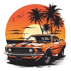 A classic vintage car is parked under tall palm trees with a vibrant sunset in the background, creating a nostalgic and tropical atmosphere. The scene evokes a sense of timeless summer adventure.