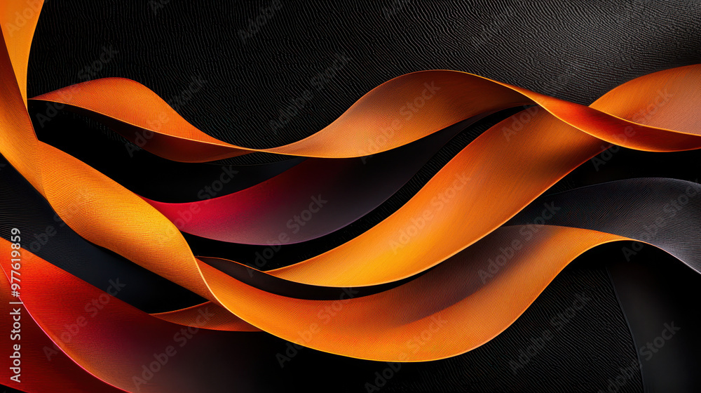 Poster abstract composition of flowing orange and black ribbons creating a dynamic and vibrant visual effec