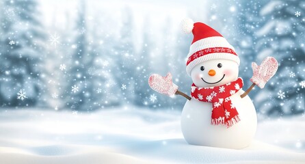Obraz premium Snowman in Winter Wonderland with Red Scarf and Hat