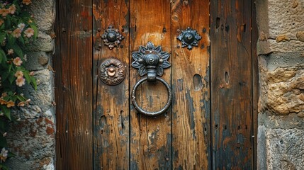 Weathered Wooden Door with Ornate Hardware