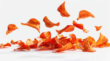 Peri Peri Fruit chips, crispy, falling on a plain white background. Hyperrealistic, cinematic and high quality