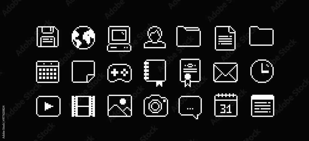 Poster PC interface icons in 90s pixel art style (4). Retro pixel video game style office and organizer App icons set, calendar, gamepad, PC icon, file folder, media player. Editable pixel vector