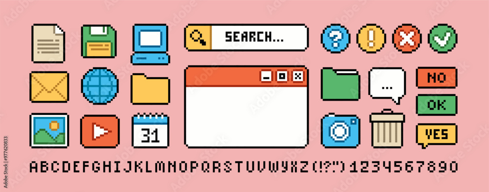 Fototapete PC user interface icons in 90s pixel art style (3). Retro pixel video game style office and organizer App icons set, calendar, Search bar, PC window, media player. Editable perfect pixel vector