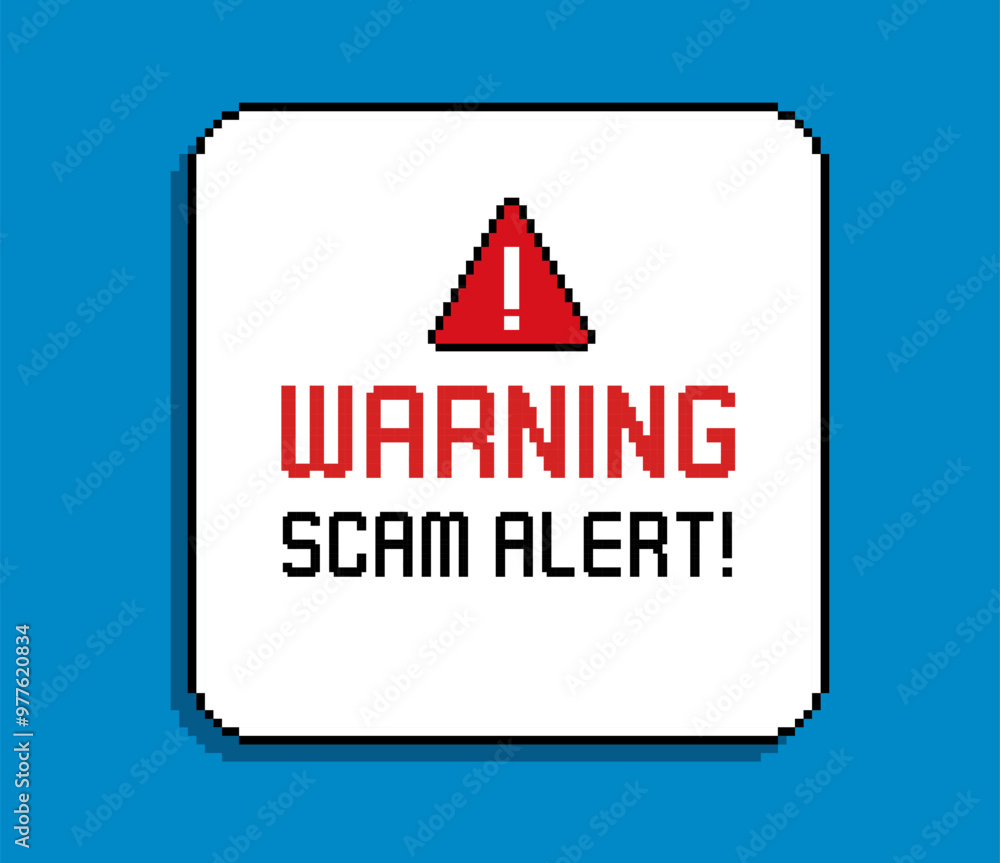Poster scam - vector message window in retro 8-bit style game. vintage video game style sign caution messag