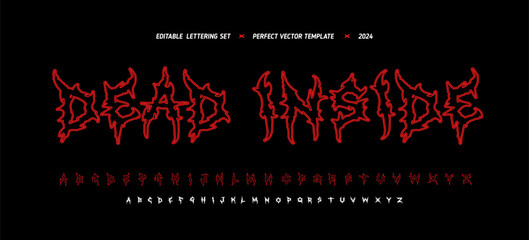 Y2k Bloody Dark Lettering vector type font. Grunge style type font with Gothic inscription Dead Inside. Ghotic Bloody font concept. Horror hont type. Rock n Roll style lettering