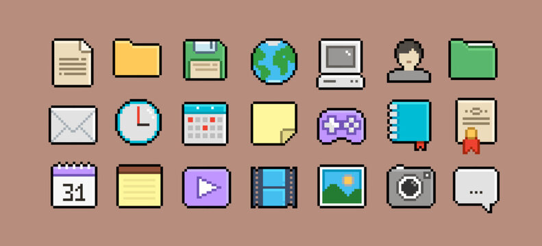PC interface icons in 90s pixel art style (5). Retro pixel video game style office and organizer App icons set, calendar, gamepad, PC icon, file folder, media player. Editable pixel vector