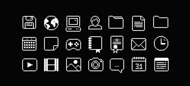 PC interface icons in 90s pixel art style (4). Retro pixel video game style office and organizer App icons set, calendar, gamepad, PC icon, file folder, media player. Editable pixel vector