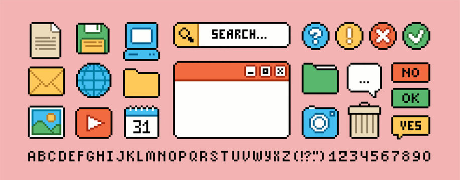 PC user interface icons in 90s pixel art style (3). Retro pixel video game style office and organizer App icons set, calendar, Search bar, PC window, media player. Editable perfect pixel vector