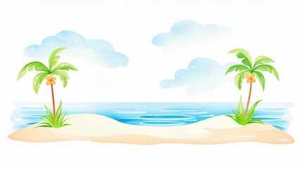 A serene beach scene featuring palm trees, soft sand, and calm ocean waters beneath a clear blue sky.