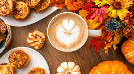 Fototapeta premium Cozy autumn coffee scene with latte art heart, decorated with seasonal pastries and vibrant fall foliage on wooden table
