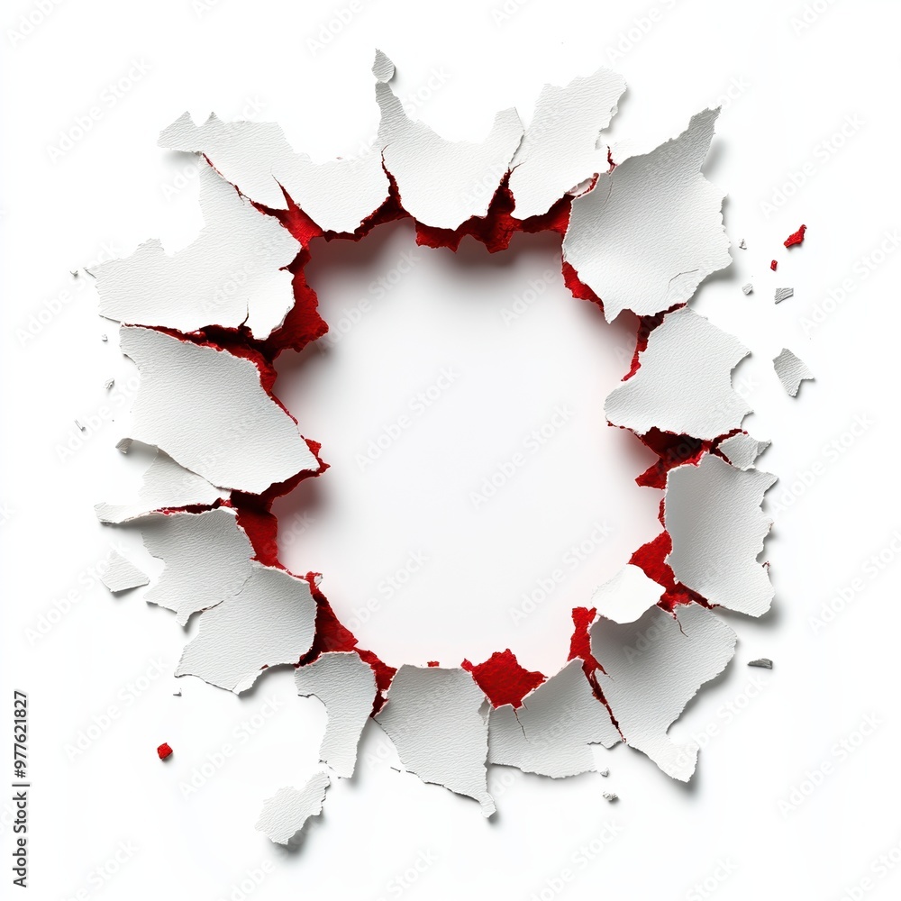 Poster a striking image of torn white paper revealing a vivid red background, creating a dramatic visual ef