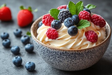 Delicious ice cream with berries in bowl on table, closeup.