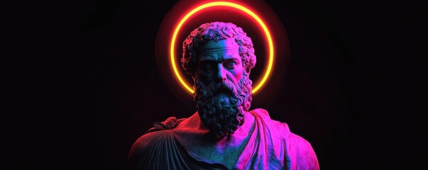 Socrates sculpture with a neon halo against dark background, highlighting the fusion of classical art and modern neon aesthetics