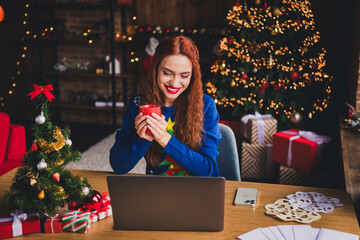 Photo of nice young girl working netbook drink coffee wear blue christmas clothes modern cozy x-mas...