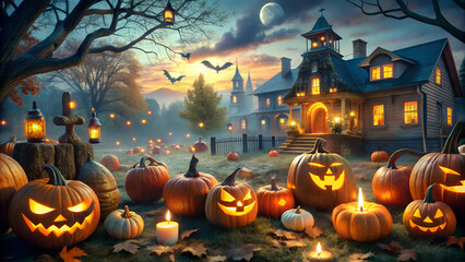 Halloween with carved pumpkins lit from within. The road leads to a spooky castle under a full moon. Dusk, fall trees.