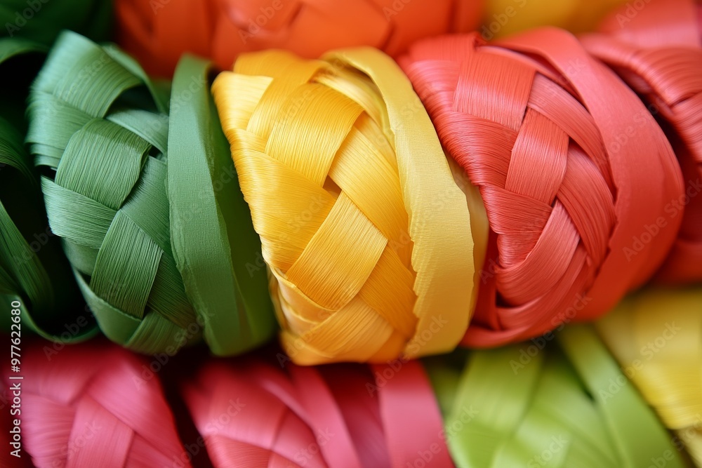 Poster close up of braided colorful ribbons forming a detailed and textured structure showcasing intricate 