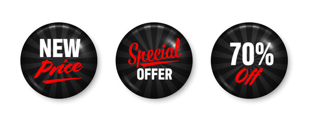 Realistic funky badges with text. Product promotion, sale. Special offer. Glossy round button. Pin badge mockup. Vector illustration