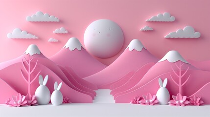 Playful Pink Landscape Featuring Mountains, Rabbits, and Flowers Under a Sunny Sky at Daytime