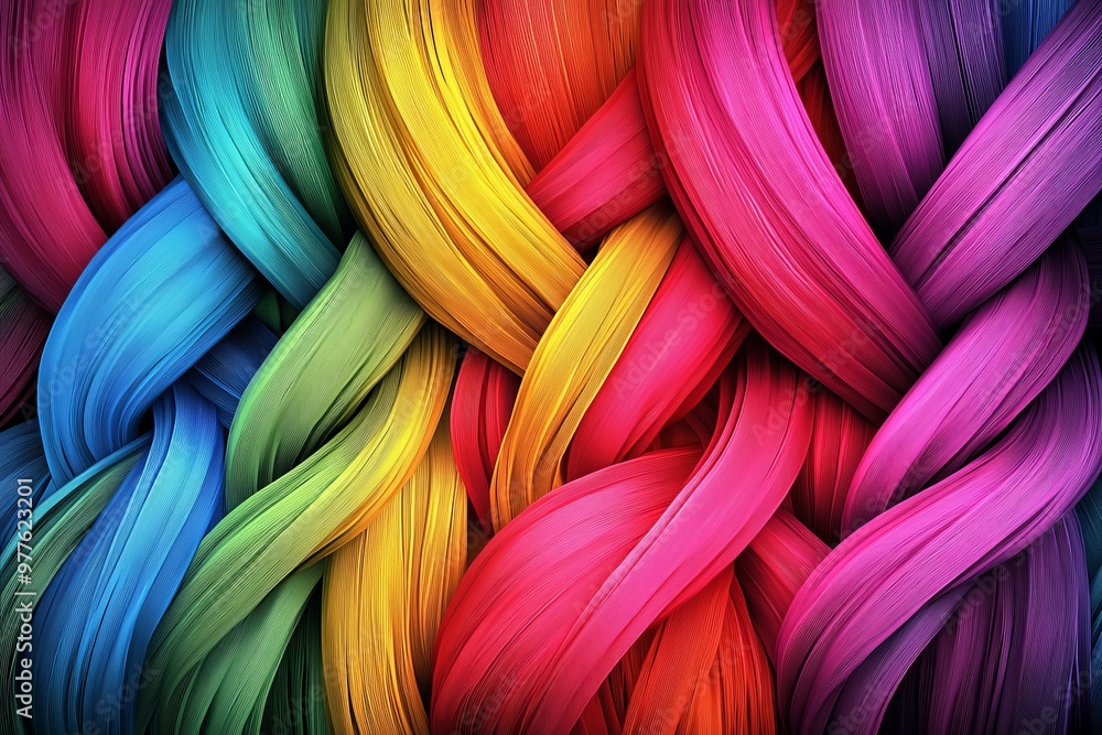 Poster brightly colored strands of woven material creating a dynamic and bold fabric texture in a braided a