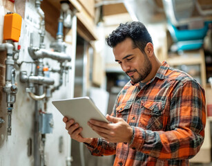 Handsome hispanic technician using a tablet in a basement plumbing heating cooling HVAC system. Happy job DIY home owner, quote, technology in service jobs