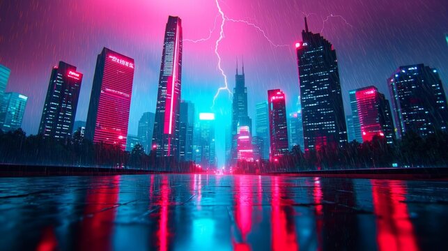 Dramatic nighttime cityscape, neon lights and lightning bolts illuminating the wet streets, a stormy urban landscape