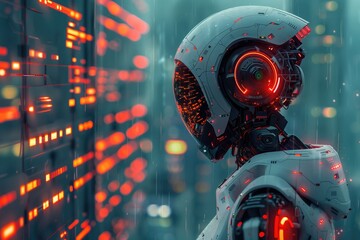 Fototapeta premium A detailed illustration of a futuristic robot in a high-tech environment --chaos 5 --ar 3:2 --style raw --stylize 750 --v 6 Job ID: 6f8f8aae-3a41-4b3f-a273-bc6205c6d455