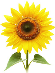 Naklejka premium Single sunflower with bright yellow petals and green leaves on a white background. PNG transparent.