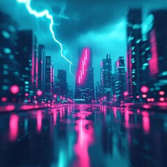 Fototapeta premium Electric blue lightning storm over a futuristic urban landscape, stormy sky glowing with electric flashes, wet streets reflecting city lights