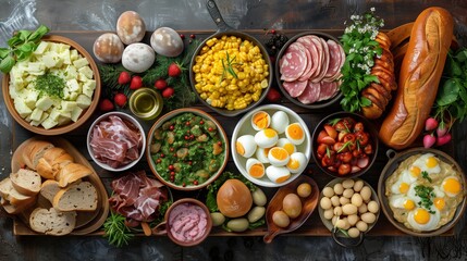 A Vibrant Display of Assorted Dishes and Fresh Ingredients at a Rustic Dining Table