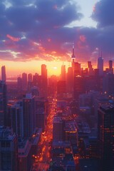 Fototapeta premium A panoramic view of a bustling city skyline at sunrise 