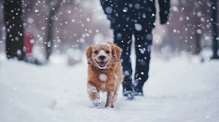 Close-up candid shot of a person walking their dog through a snow-covered park, the dog happily bounding through the snow ahead
