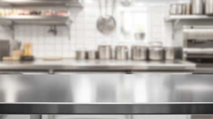 Stainless Steel Table with Blurred Commercial Kitchen Background for Product Mockup