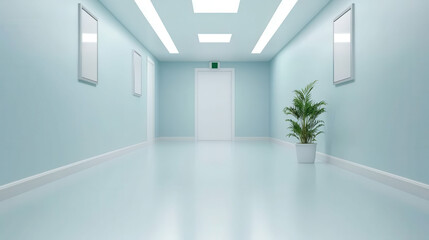 Clean, empty hospital hallway with soft natural light, minimalist architecture, health care setting